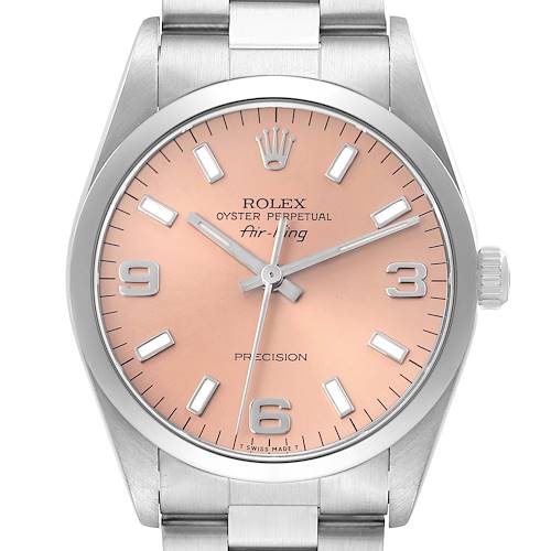 The Rolex Air-King is shown from the front, highlighting the dial, hands, and part of the bracelet.